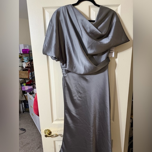 AMSALE off the shoulder fluid satin cocktail midi dress gunmetal - Picture 4 of 14